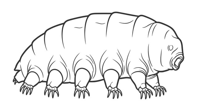 Water bear Illustration: A detailed black and white illustration of a water bear showcases the unique segmented body, tiny claws, and characteristic appearance of this resilient microscopic creature.
