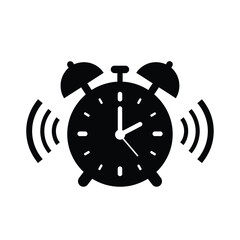 Black silhouette of an alarm clock ringing with sound waves