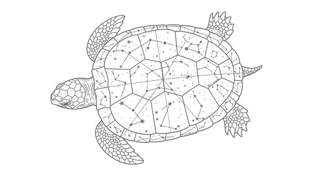 Celestial Sea Turtle: A sea turtle illustration that depicts the connection between marine life and celestial wonders. Detailed outline of a sea turtle's shell, adorned with constellations.