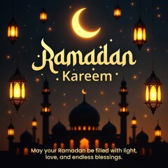 Ramadan Kareem greeting card with mosque lanterns crescent moon and warm blessings background