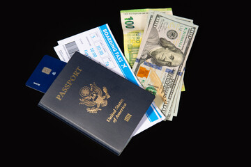 US passport with boarding pass. Travel documents for international trip. Planning trip and airport...