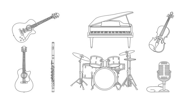 Musical Instruments Lineup: A carefully curated assembly of iconic musical instruments, rendered in precise line art. including guitar, piano, violin, drum, flute, microphone.