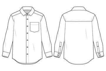 man oxford shirt technical fashion template.  flat long sleeve casual shirt front and back view. button-up, pocket, casual shirt, CAD drawing, technical shirt mockup.