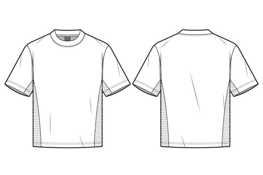 Mesh t-shirt template. flat sketch technical mesh tee shirt fashion illustration, front and back, slim fit, CAD drawing. vector mesh t-shirt mockup.