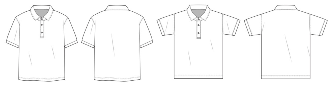 Polo shirt technical fashion template. flat sketch golf shirt, front and back, CAD drawing. polo shirt mockup and template, vector design.