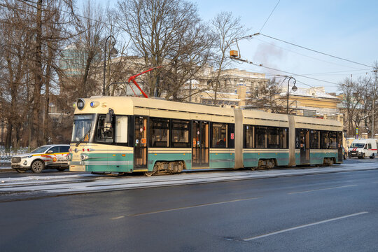ST. PETERSBURG, RUSSIA - JANUARY 25, 2026: Modern tram "Dostoevsky" on St. Petersburg Street