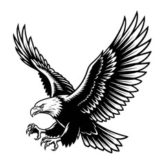 Obraz premium Majestic bald eagle in flight with wings spread wide, ready to strike.