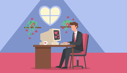 Businessman typing on a retro computer with heart icons representing online dating or digital romance
