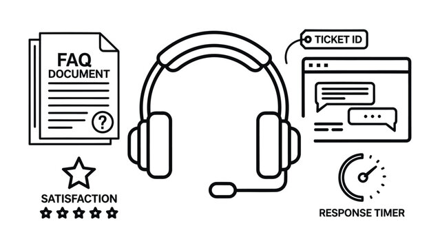Support Services Icons: Depicting essential elements of effective support services, including the FAQ document, a ticket ID window, satisfaction feedback, and a response timer.