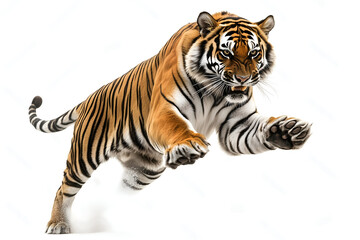 Obraz premium Powerful Bengal Tiger Jumping and Pouncing Isolated on White Background