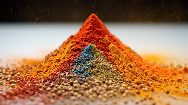 Explosion of colorful spices creating a textured mountain of flavor with vibrant hues in slow motion