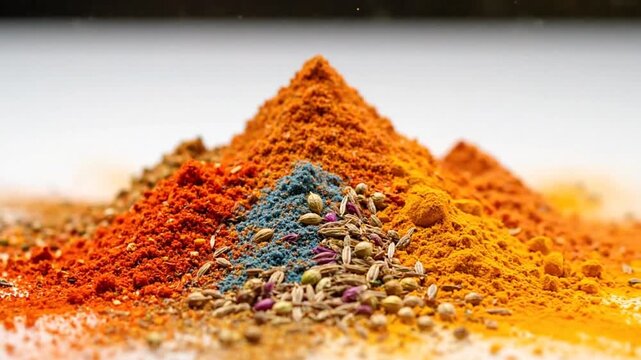 Colorful explosion of spices forming a pile on a white surface with close up macro shot