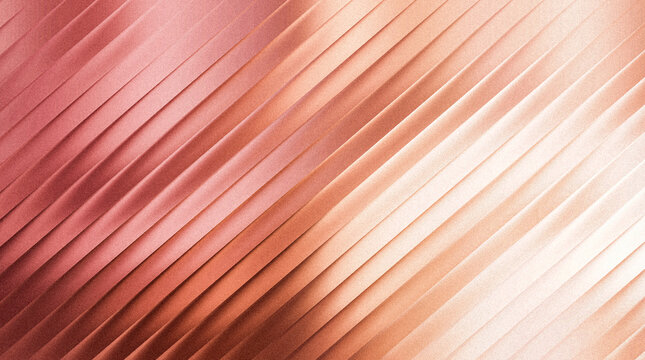 Grainy abstract background texture of pleated fabric or paper in shades of rose gold, copper, and white with diagonal lines and a subtle grainy effect, suitable for luxury or decorative design