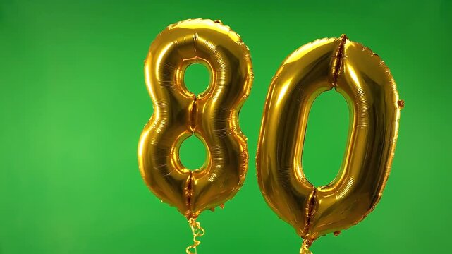 3D realistic golden number 80 foil balloon on green screen