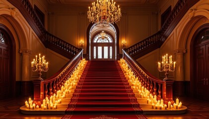 Obraz premium Grand Staircase of Elegance: An opulent interior showcases a grand staircase adorned with warm candlelight, creating a scene of timeless sophistication and luxurious design.