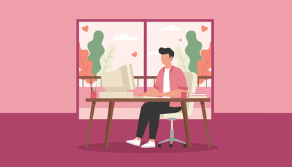 Fototapeta premium Young man working remotely on a desktop PC from a cheerful colorful flat illustration home office setup