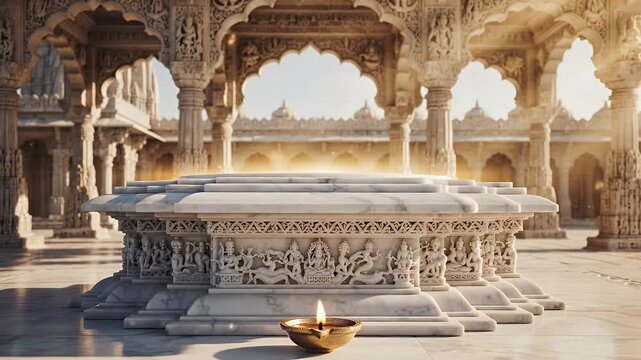 Mahavir Jayanti Luxury White Marble Podium and Ancient Jain Temple Arches