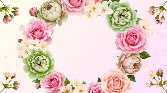 Beautiful floral wreath with pink and green roses and tiny white flowers, ideal for invitations and backgrounds