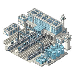 Hydrogen Powered Train Station with Solar Panels and Fuel Tanks.