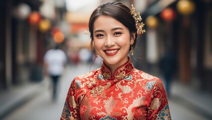 Fototapeta premium Radiant Bride in Traditional Attire: A beaming young woman, adorned in a vibrant traditional dress, exudes joy and poise against a backdrop of historic architecture.