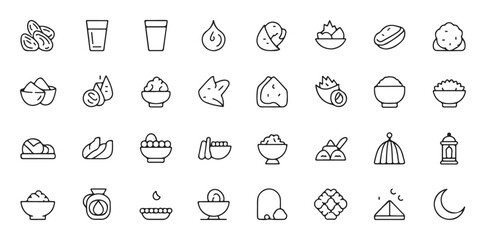 Muslim food icons line vector set for ramadan month celebration and traditional iftar suhoor menu designs