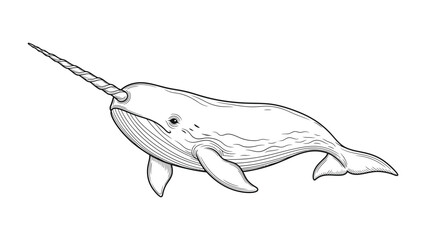 Obraz premium Monochrome Narwhal: A detailed black and white illustration of a narwhal gracefully swimming, its defining spiraled tusk prominently displayed.