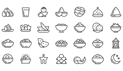 Ramadan food and drinks icons set. outline style, food and drink, muslim fasting, iftar, suhoor, traditional food