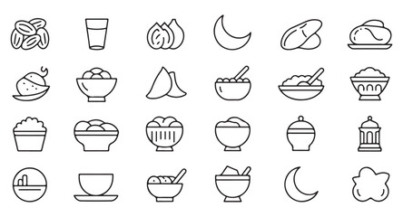 Ramadan food and drinks icons set. outline style, food and drink, muslim fasting, iftar, suhoor, traditional food