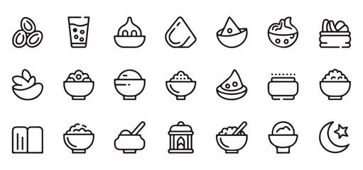 Ramadan food icons collection dates water bowls and religious symbols for festive celebrations