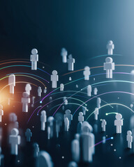 Floating people icons connect through arcs, suggesting digital community networking.