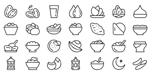 Ramadan icons with food items dates water and religious symbols for festive occasions
