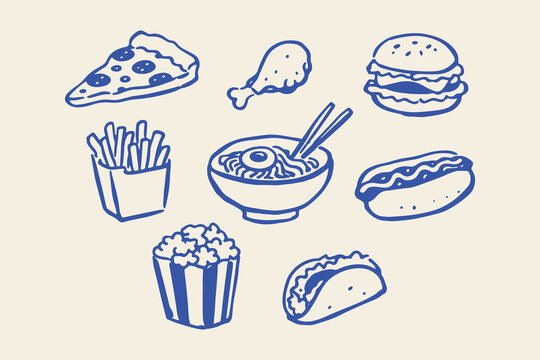 Fast food set doodle line art vector illustration