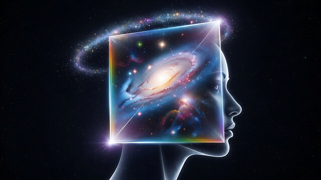 A futuristic, chrome-plated human head is depicted in profile against a dark, starry backdrop. Wavy streams of vibrant blue and red energy shoot outwards from the eye area, creating a sense of powerfu
