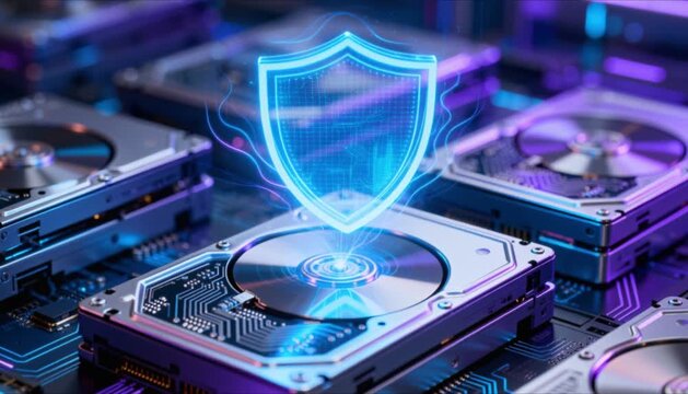 digital shield holographic icon over hard drives perfect for world backup day