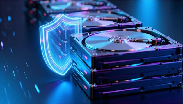 digital shield holographic icon over hard drives perfect for world backup day