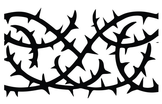 Black thorny branch silhouette pattern on white background, vector bramble illustration