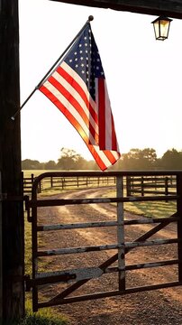 Serene American Flag Display at Sunset Behind Rustic Farm Fence With Sunlight Streaming Through Fading Sky and Gently Swaying