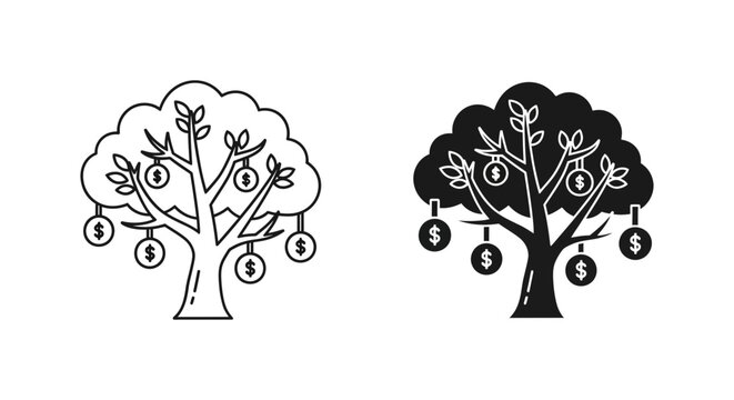Money tree with dollar coins hanging from branches, in line art and solid silhouette, symbolizing wealth and financial growth.