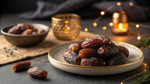 Plate of fresh organic medjool dates on festive table with bokeh lights for ramadan