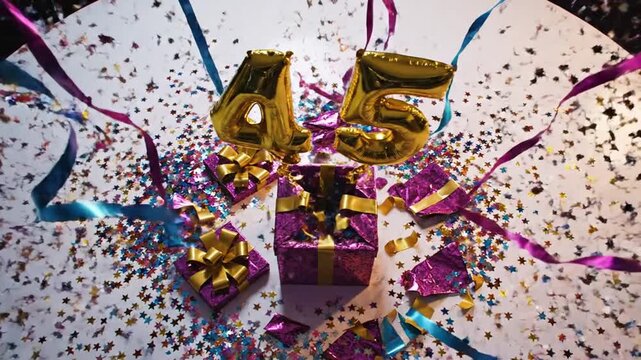 45th Birthday Celebration with Confetti and Gifts.