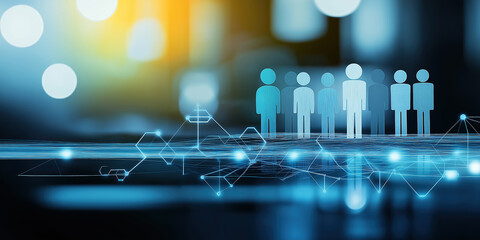 Human icons stand above glowing network lines on a dark digital surface.
