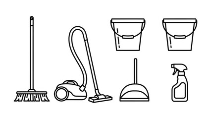 House Cleaning Tools Collection: A comprehensive set of cleaning tools, meticulously outlined for various domestic chores, embodying the essence of order and cleanliness. © Ajhar234
