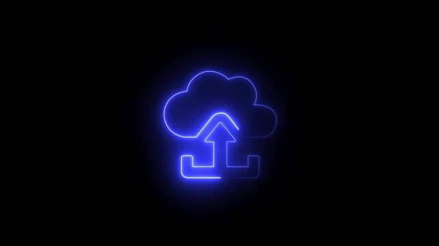Neon light blue color cloud with upward arrow motion effect on dark background. 4k graphics footage.