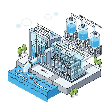 Isometric illustration of a water treatment plant with reverse osmosis system.