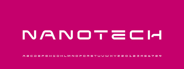 Technical font, digital wide cyber alphabet, bold letters from A to Z and numbers from 0 to 9 for you logo designs, vector illustration 10EPS