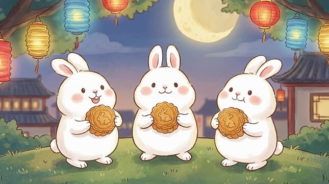 Cute cartoon bunnies celebrating a moon festival holding sweet mooncakes under lanterns rabbits, mooncake.