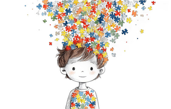 Cute Child with Puzzle Pieces Falling from Head in Artistic Illustration