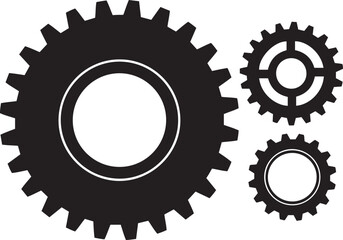 Three black gears of varying sizes on a white background cogwheel mechanical industry engineering