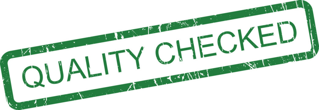 Green rectangular rubber stamp with the phrase QUALITY CHECKED on a crisp white surface