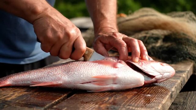 Fisherman Carefully Cutting and Cleaning Fresh Red Snapper Fish on Weathered Wooden Surface Outdoors